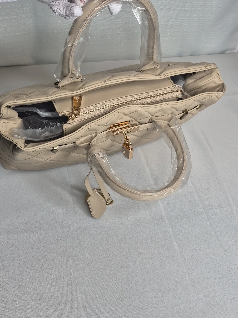 Badgley Mischka Beige Quilted Satchel Bag - Picture 9 of 11